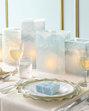 To make square luminarias beautiful enough to be centerpieces, simply magnified a lace pattern. (marthastewartweddings.com) To make square luminarias beautiful enough to be centerpieces, simply magnified a lace pattern. (marthastewartweddings.com)