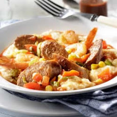 Hot Italian Sausage and Shrimp with Asiago Grits