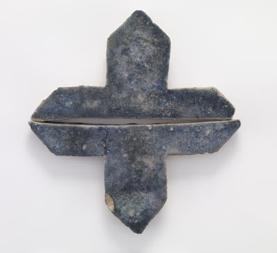 Half-cruciform tiles (pair) | Origin:  Iran | Period: 13th-14th century? | Details:  Not Available | Type: Stone-paste painted with blue glaze | Size: H: 38.0  W: 10.1  cm | Museum Code: F1909.108-109 | Photograph and description taken from Freer and the Sackler (Smithsonian) Museums.