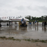 Aircraft servicing on the runway (due to muddy taxiways)