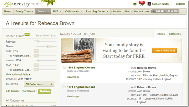 Ancestry.com search results