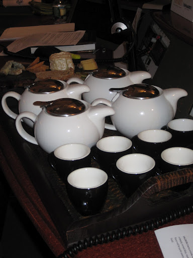 The four teas Cynthia brought were steeping in various degrees of hot water.