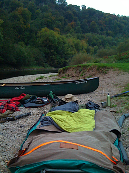 Morning Camp. Just climbed out of the swag. Earlier, after I woke up I'd watched from inside the swag as a female Row deer picking her way along rocks on the opposite bank just 20 feet away, what a way to start the day!