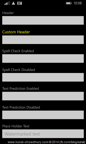 Windows Phone 8.1 - TextBox Control with Header and Custom Header (www.kunal-chowdhury.com)