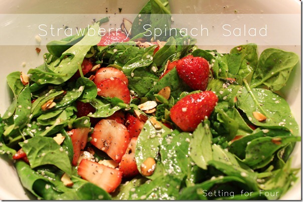 Strawberry Spinach Salad Recipe from Setting for Four #Recipe #salad #saladrecipes #spinach #poppyseed