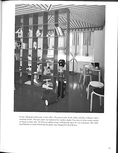 I love the way this playful child's room uses striped wallpaper to create such a dramatic effect. Images like this are what drive me to continue to buy old books - this idea would be just as beautiful today.
(Image from the NYT Book of Interior Design and Decoration)
