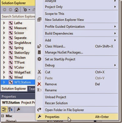 Access the properties for WTLStation project Access the properties for WTLStation project