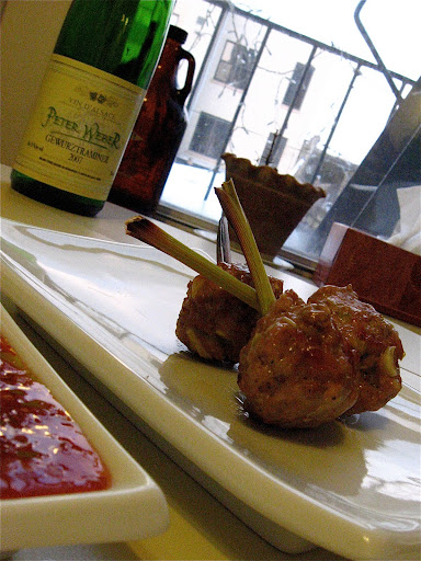 A great starter: We put a ground pork mixture around lemongrass stalks, then broiled them. They tasted great with the sweet chili sauce. Also, our whole menu paired well with a Gewürztraminer.