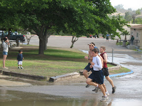 The first 3/4 mile is an all out sprint and includes a dousing by a water truck.