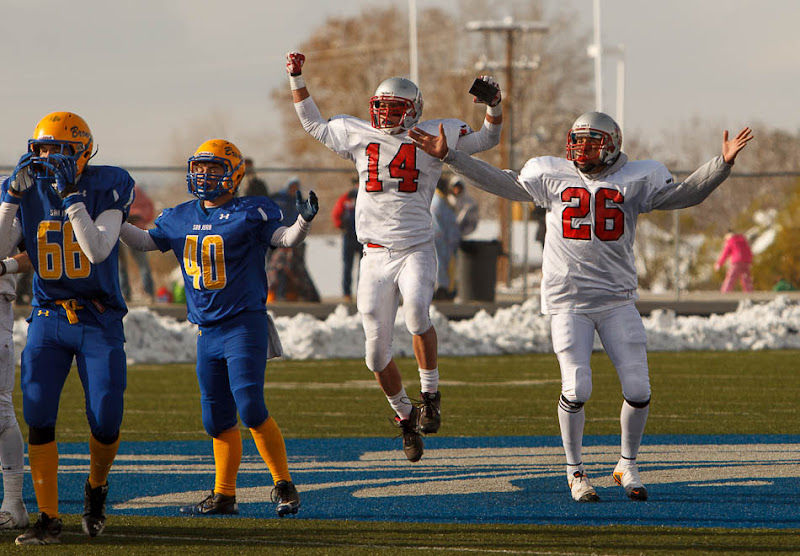 Manti's T.J. Pogroszewski and Carlo Garcia watch Garcia's state record 54-yard game-winning field goal in overtime, giving Manti the 2A State Football Championship