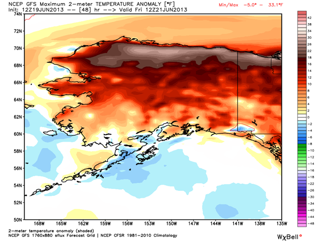 Alaska temperature anomaly with respect to a normal forecast for Friday, 21 June 2013 by GFS model. Graphic: WeatherBell.com