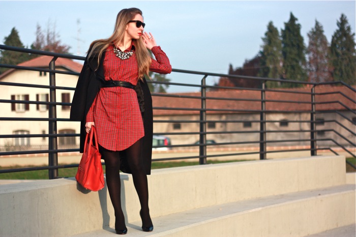 tartan dress, celine red bag, pigalle, outfit