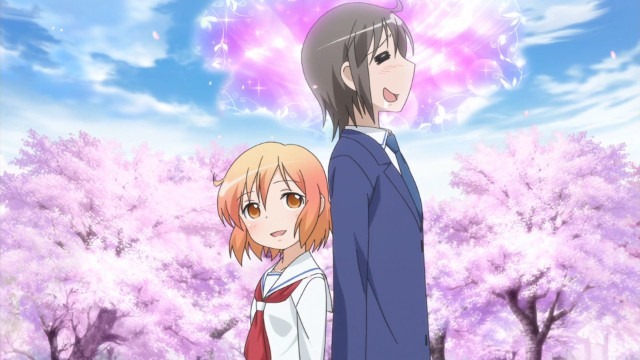 Kotoura and Manabe stand back to back, with her looking up at him from behind smiling right as he launches into a full-on perverted fantasy