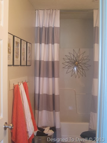 Gray Striped Shower Curtain/ Coral Towels Gray Striped Shower Curtain/ Coral Towels