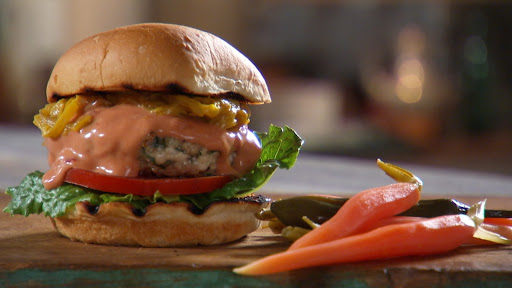 Turkey Burger with special sauce, pickled carrots and homemade beer-spring onion mustard