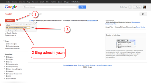 Google Reader Blog Ekleme
