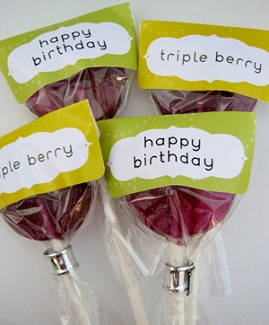 Triple Berry flavored lollipops in "happy birthday" wrappers