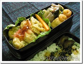 天ぷら系冷凍食品＆初物大根の煮物弁当(2012/06/07)