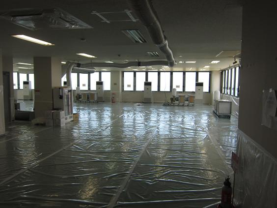 Inside the rest area on the 2nd floor of Unit5/6 Service Building at the Fukushima Daiichi nuclear plant, June 2011. Walls and floors have been covered with plastic sheets, presumably for quick disposal after contamination. TEPCO