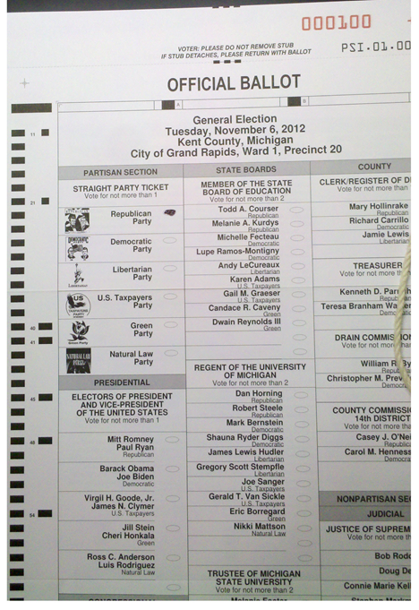 c0 This is what an official ballot looks like in Grand Rapids, MI for the 2012 presidential and local election