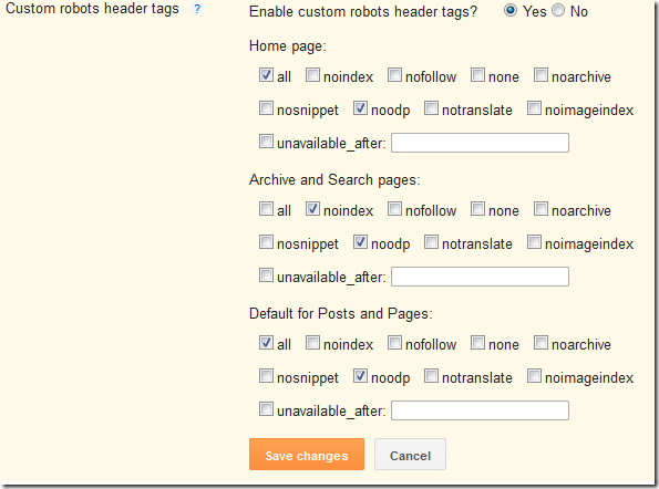 robots header tags settings