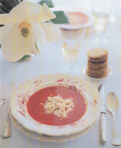 Chilled tomato soup with a lump of crabmeat, accompanied with unhulled sesame seeds. (Martha Stewart Living) Chilled tomato soup with a lump of crabmeat, accompanied with unhulled sesame seeds. (Martha Stewart Living)