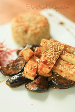 Miso glazed tofu with grilled aubergines