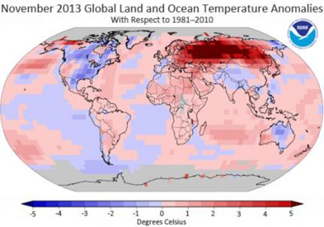 November 2013 global land and ocean temperature anomalies. According to NOAA scientists, the globally averaged temperature over land and ocean surfaces for November 2013 was the highest for November since record keeping began in 1880. It also marked the 37th consecutive November and 345th consecutive month (more than 28 years) with a global temperature above the 20th century average. The last below-average November global temperature was November 1976 and the last below-average global temperature for any month was February 1985. Graphic: NOAA