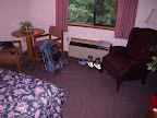 At the Nisqually Lodge. Angie's stuff all ready to go. Didn't realize the boots were reflective.