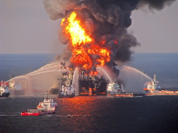 A file photo released by the U.S. Coast Guard of the fire aboard the drilling unit Deepwater Horizon in the Gulf of Mexico in April 2010. Halliburton has agreed to plead guilty to destruction of critical evidence after the spill. Photo: U.S. Coast Guard