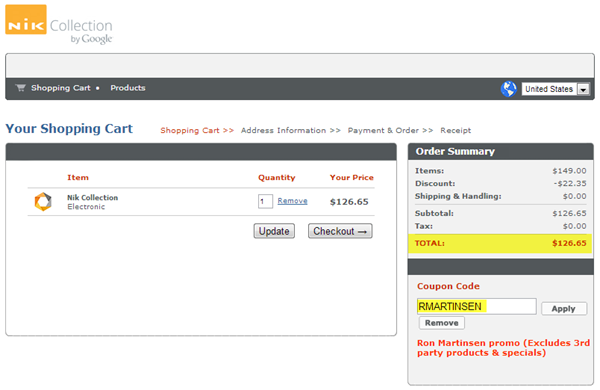 Nik Collection by Google Coupon Code Example Cart
