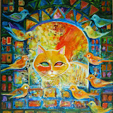 SPRZEDANY: Kot marzy o ptakach za oknem - z cyklu koty i ptaki - Mantykora. Akryl na płótnie; wymiary: 50x45cm
