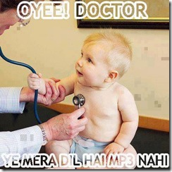 Funny kid image. Stethoscope as ear phones