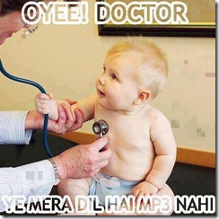 Funny kid image. Stethoscope as ear phones Funny kid image. Stethoscope as ear phones
