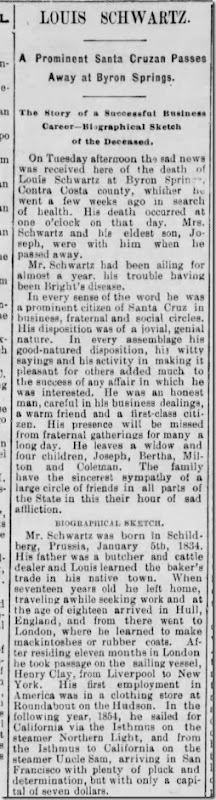 Schwartz Louis Obituary Santa Cruz Sentinel 24 May 1893 Part 1 Schwartz Louis Obituary Santa Cruz Sentinel 24 May 1893 Part 1