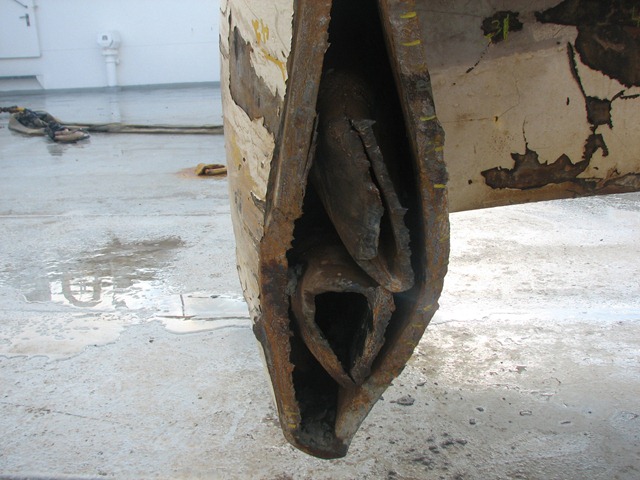 Two pieces of drill pipe are seen inside the riser pipe that connected the Deepwater Horizon to BP's wild Macondo well. Investigations have shown that the blowout preventer may have been unable to shear the thick pipe used in deepwater wells. Deepwater Horizon Investigation / nola.com