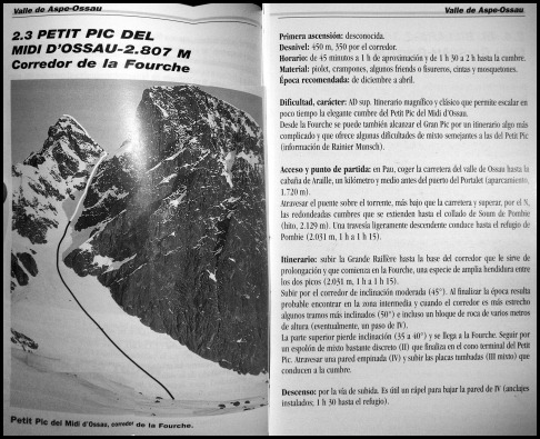 Croquis Midi d'Ossau - Petit Pic - Corredor de La Fourche y cumbre 450m AD IV 50º Croquis Midi d'Ossau - Petit Pic - Corredor de La Fourche y cumbre 450m AD IV 50º