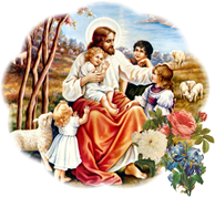 c0 A vintage picture of Jesus with children. 