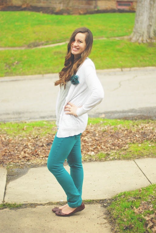 white cardigan, teal jeans