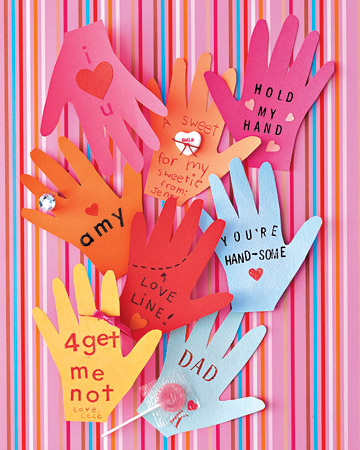 Send a touching message with valentines traced from little hands. Just cut from construction paper, and then decorate.