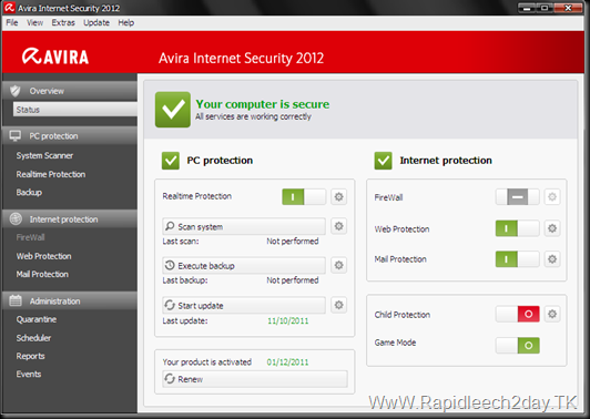 avira internet security 2012 Home Screen
