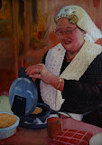 Kniepertiesbakster - 24 x 30 cm - olieverf op paneel, In opdracht voor verpakking 'Visser Zoetwaren'