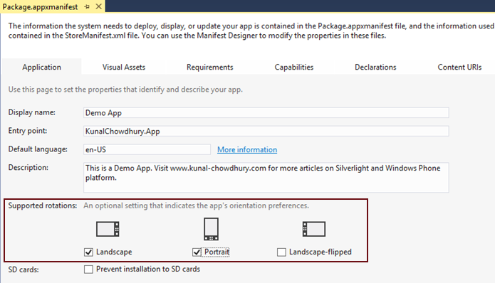 How to set SupportedOrientation in Windows Phone 8.1