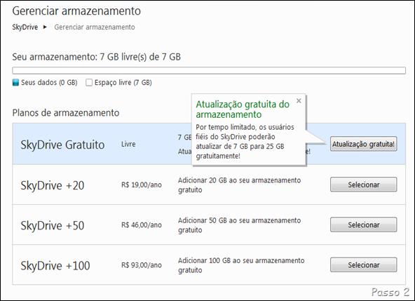 Na próxima tela, clique no botão Atualização grátis na opção Skydrive Gratuito.