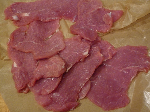 Pork tenderloin pounded to 1/4-inch thickness.