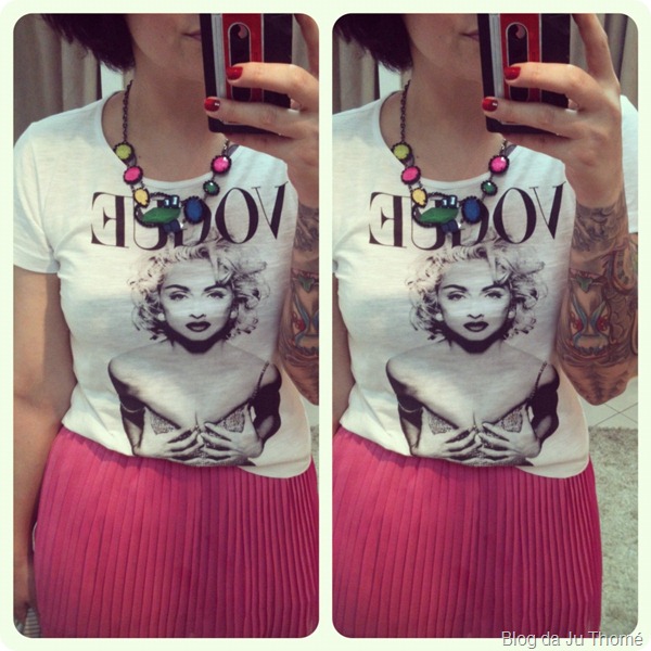 look camiseta VOGUE maxi colar e saia mullet pink