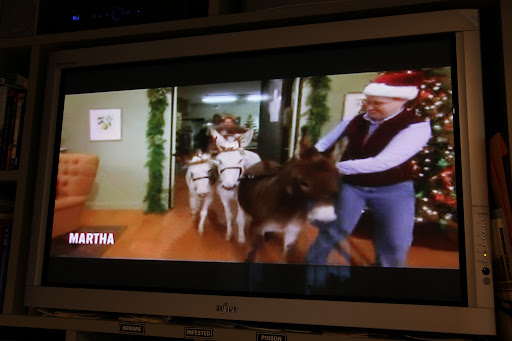 Why, that's Betsy with the donks, Billy, Clive, and Rufus!  The donkeys are wearing reindeer antlers and Betsy has on a Santa hat!  That's too funny!!!