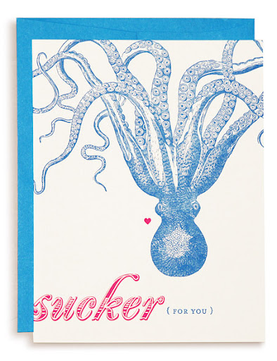 I love the old-word charm of this octopus print, and the witty message doesn't hurt. Octopus in Love, $ 5.95, katespaperie.com