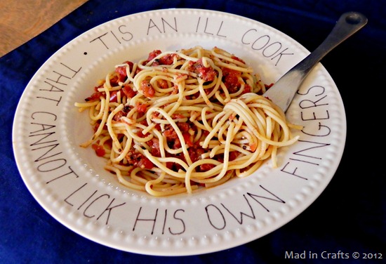 spaghetti in a shakespeare plate