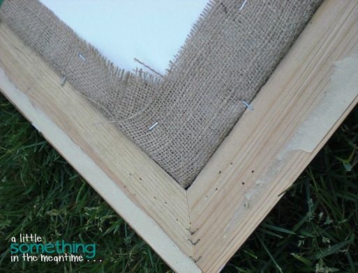 A Little Something in the Meantime: DIY Coffee Sack Cork Board Cork Board Corner Stapled Watermark